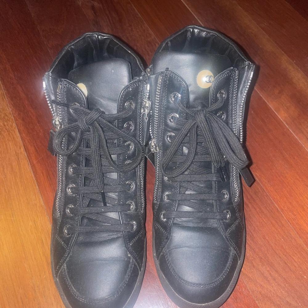 Black CHANEL High-Top Sneakers with Zipper Detail